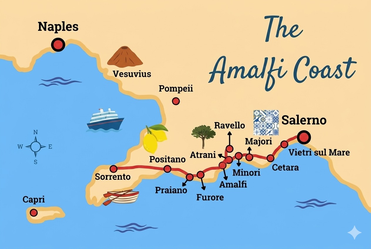 Mappa illustrata della Costiera Amalfitana